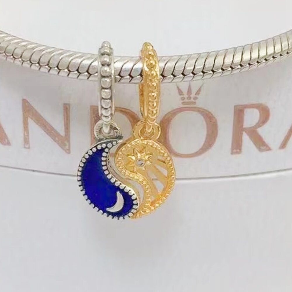 Pandora Two-Tone Splitable Sun & Moon Dangle Charm Gold-Plated with box
